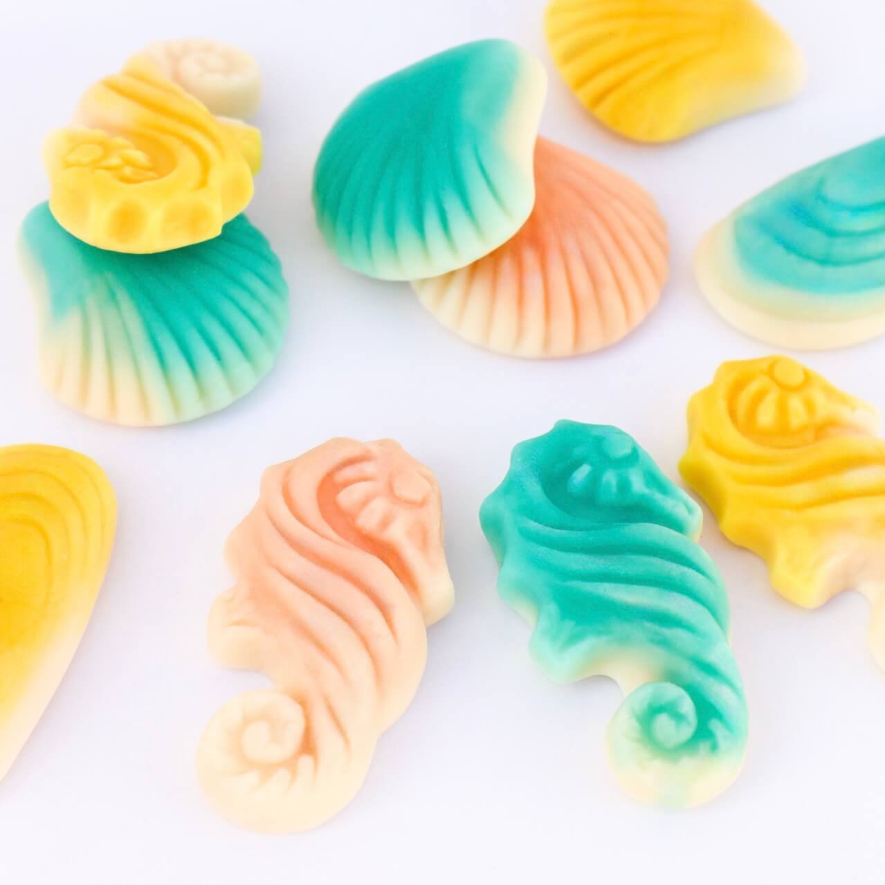 Sea Gummies fruity shell-shaped candies frutos del mar meri seafood pescados shell candy sea candy chuches forma de gamba pescado animales del mar merieläiment fruta fruit candy swedish candy
